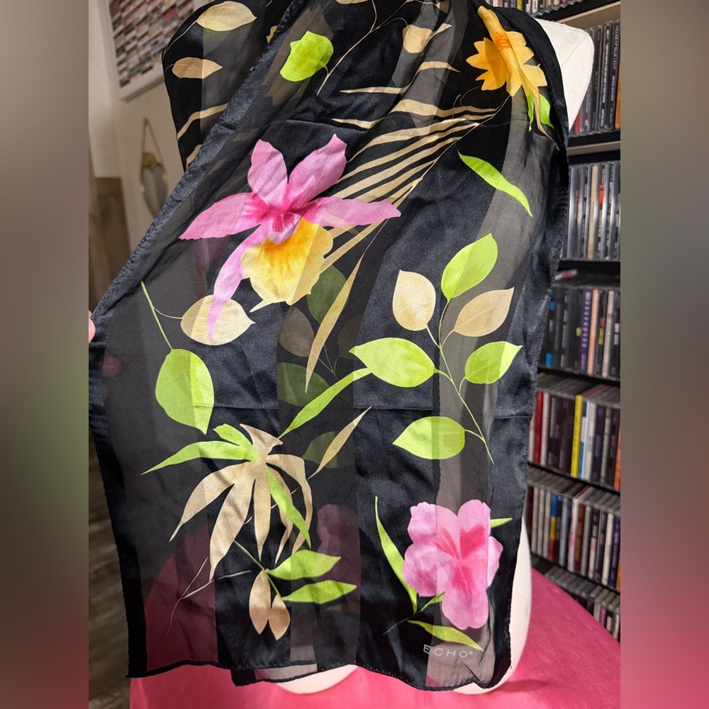 Echo 100% Silk Floral Scarf Sheer Lightweight - Picture 4 of 5